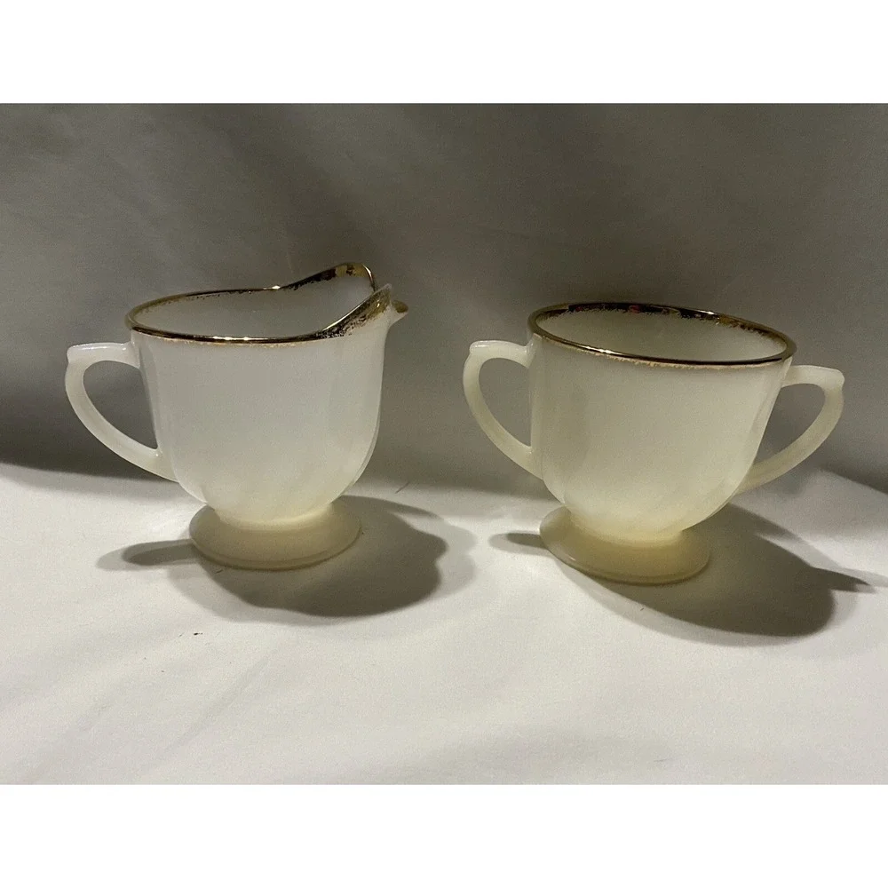 Vintage Fire King Milk Glass Creamer & Sugar Bowl White Swirl Gold Rim Oven Ware